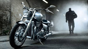 Cool Big Bike With Biker Silhouette Wallpaper