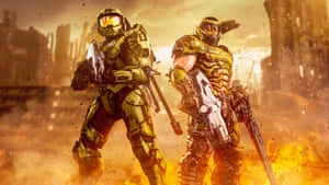 Cool Halo Soldier In Burning Battlefield Wallpaper