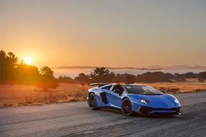 Cool Sunset Blue Lamborghini Aventador Wallpaper