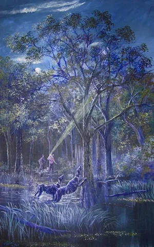 Coon Hunting Dogs Barking Tree Painting Wallpaper