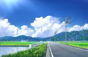 Countryside Road And Lake Anime Art Wallpaper