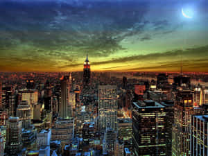 Crescent Moon On New York City Desktop Wallpaper