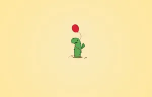 Crying Cactus With Red Balloon Minimalist Plant Desktop Wallpaper