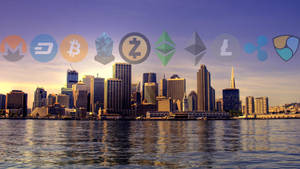 Cryptocurrency Brands With City Skyline Wallpaper