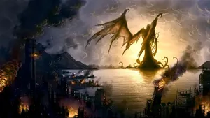 Cthulhu Burning Ocean Houses Wallpaper