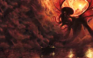 Cthulhu Sea Red Sky Wallpaper