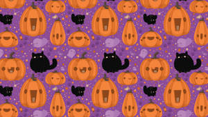 Cute Aesthetic Halloween Cats And Pumpkins Wallpaper