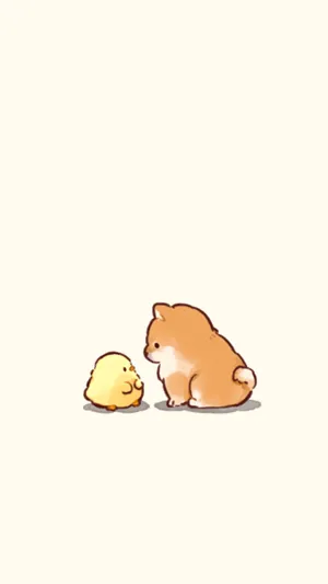 Cute Animals Cartoon Duckling & Shiba Wallpaper