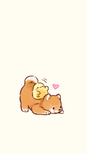 Cute Animals Cartoon Shiba & Duckling Wallpaper