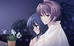 Cute Anime Couple And Potted Flowers Wallpaper