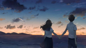 Cute Anime Couple Holding Hands Sunset Wallpaper