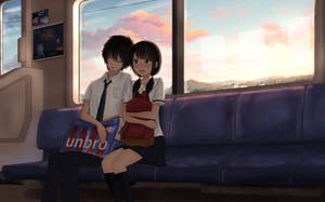 Cute Anime Couple In Train Wallpaper