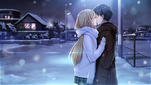 Cute Anime Couple Kissing Winter Night Wallpaper