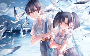 Cute Anime Couple With Birds Wallpaper