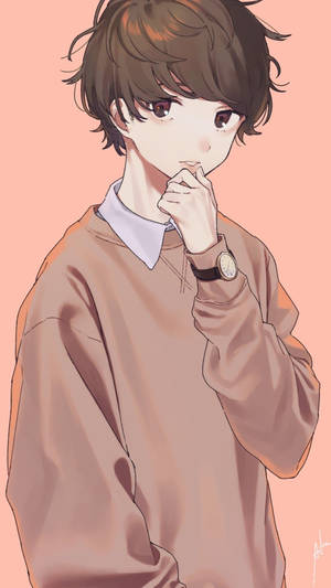 Cute Boy Cartoon Wearing A Brown Sweater Wallpaper