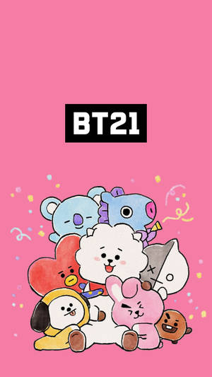 Cute Bt21 All Characters Pink Wallpaper