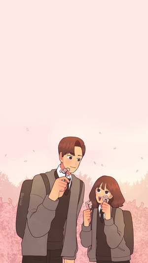 Cute Cartoon Couple Holding Cherry Blossoms Wallpaper