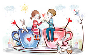 Cute Cartoon Couple On Cups Wallpaper