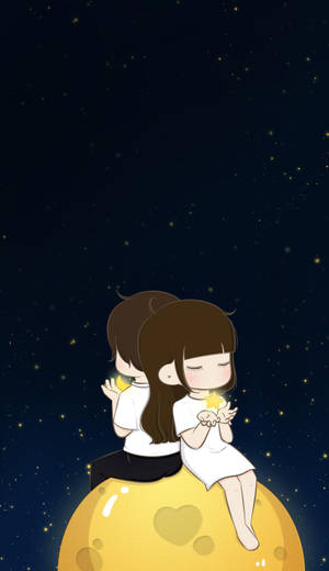 Cute Cartoon Couple On The Moon Wallpaper