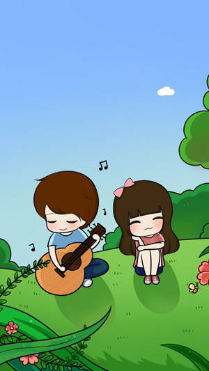 Cute Couple Cartoon Music Guitar Wallpaper