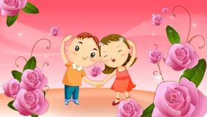 Cute Couple Cartoon Pink Roses Wallpaper