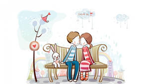 Cute Couple Drawing On Wooden Bench Wallpaper