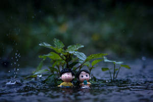 Cute Dolls Under Small Plant Wallpaper