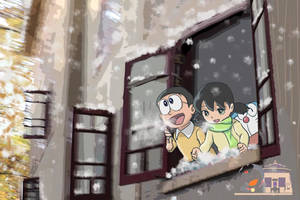 Cute Doraemon Admiring Snowfall Wallpaper