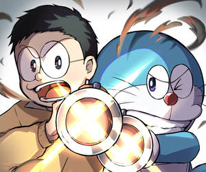 Cute Doraemon And Nobita Air Cannons Wallpaper
