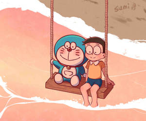 Cute Doraemon And Nobita On A Swing Wallpaper