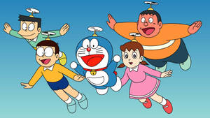 Cute Doraemon Characters Flying Wallpaper