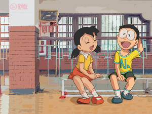 Cute Doraemon Nobita And Shizuka As Students Wallpaper