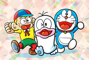 Cute Doraemon With Other Manga Characters Wallpaper