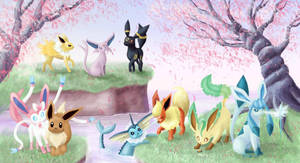 Cute Eeveelutions In A Forest Wallpaper