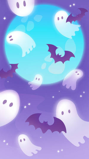 Cute Ghosts And Bats Halloween Phone Wallpaper