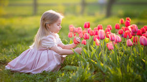 Cute Girl Pink Tulips Wallpaper