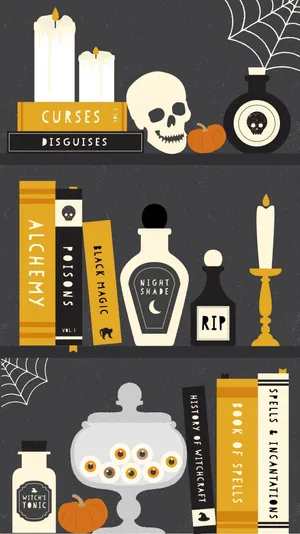 Cute Halloween Phone Spell Books Shelf Wallpaper