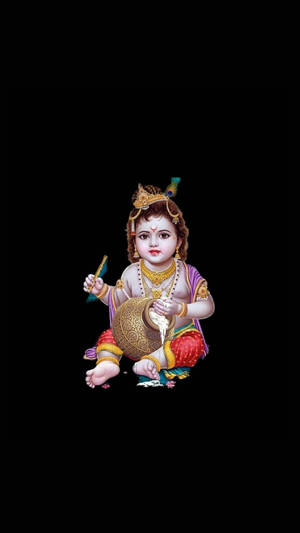 Cute Krishna With Pot And Flute Wallpaper