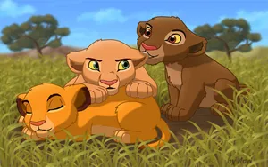 Cute Lion King Cubs Simba With Nala And Chumvi Wallpaper