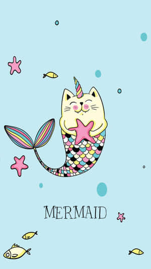 Cute Mermaid Cat Unicorn Starfish Wallpaper