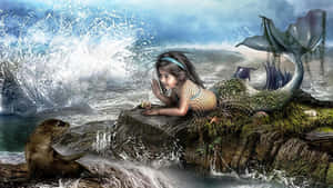 Cute Mermaid Girl Shore Seal Wallpaper