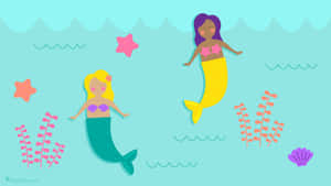 Cute Mermaid Kids Drawing Friends Wallpaper