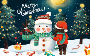 Cute Merry Christmas Snowman With Lights Wallpaper