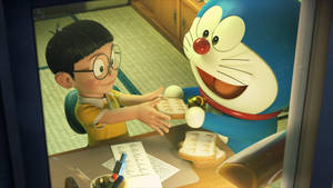 Cute Nobita And Doraemon Working Together Wallpaper