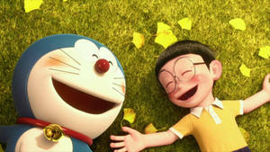 Cute Nobita And Dorameon Smiling Wallpaper