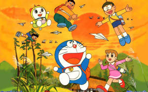 Cute Nobita And Friends Flying Wallpaper