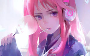 Cute Pink Anime Girl Headphones Wallpaper