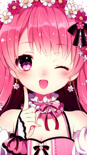 Cute Pink Anime Girl Wink Wallpaper