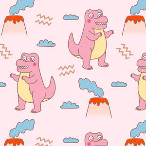 Cute Pink Dinosaur And Volcanoes Pattern Wallpaper