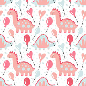Cute Pink Dinosaur Pattern With Balloons Wallpaper